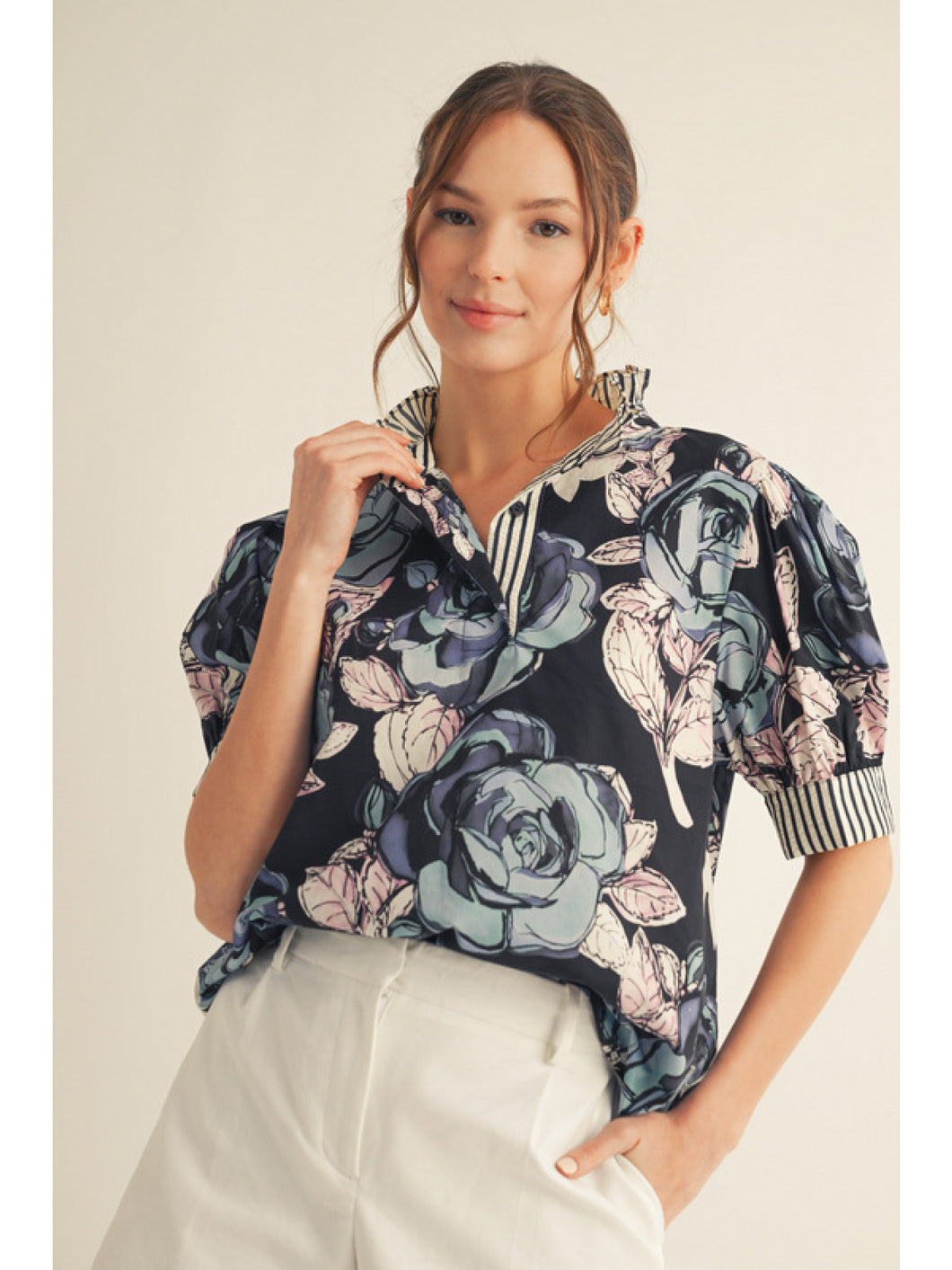 Ruffled Neck Button Down Shirt