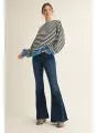 Load image into Gallery viewer, Long puff sleeves stripe sweatshirt with v-notched neckline, solid contrast binding detail
