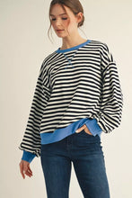 Load image into Gallery viewer, Long puff sleeves stripe sweatshirt with v-notched neckline, solid contrast binding detail
