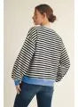 Load image into Gallery viewer, Long puff sleeves stripe sweatshirt with v-notched neckline, solid contrast binding detail
