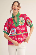 Load image into Gallery viewer, Short puff sleeves boho floral top with standing neckline.
