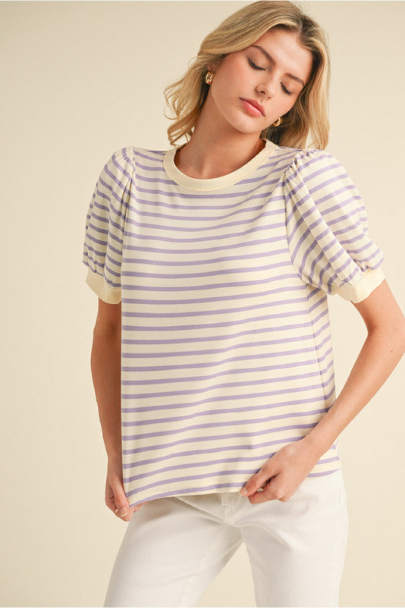 Striped Print Top w/Bubble Sleeves