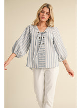 Load image into Gallery viewer, Striped Shirt W/ Eyelet Tie Neck Detail
