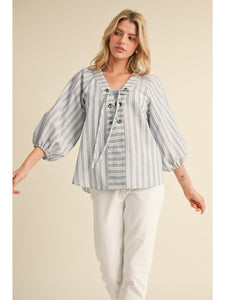 Striped Shirt W/ Eyelet Tie Neck Detail