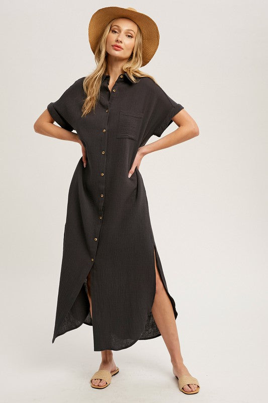 Charcoal button up maxi dress with pocket