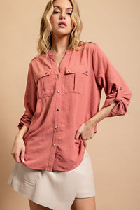 Button Down Blouse with Adjustable Roll Tab Sleeve
