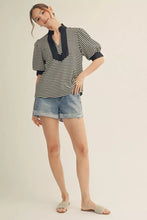 Load image into Gallery viewer, Short puff sleeves high neck stripe top with solid contrast accent, pleat back detail.
