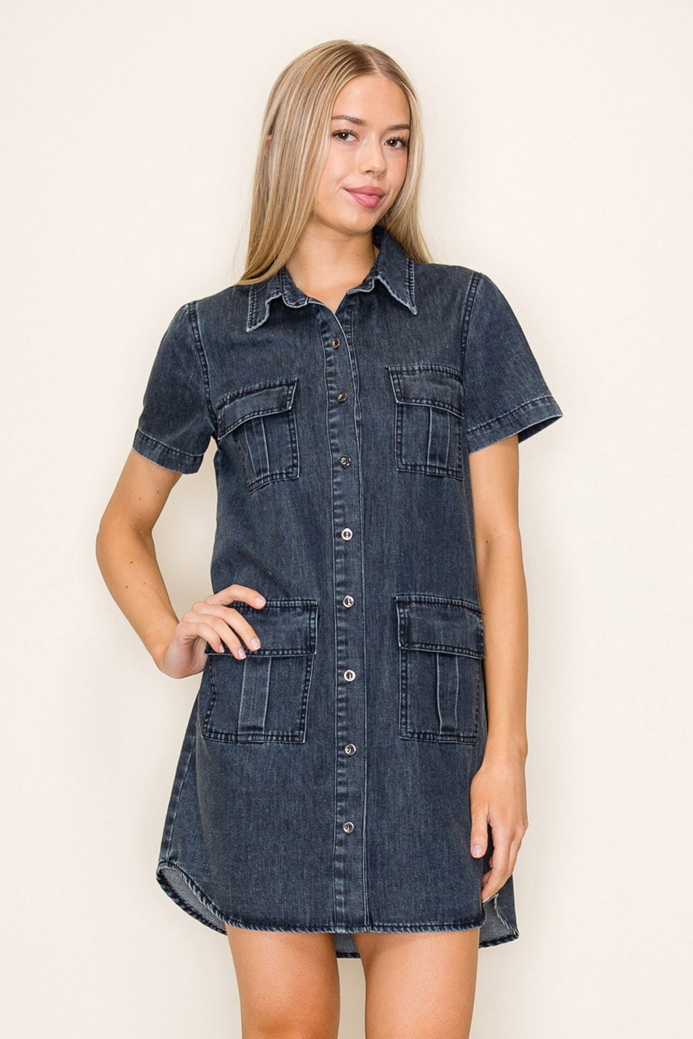 Short Sleeve Denim Dress w/ Patch Pockets