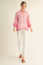 Load image into Gallery viewer, 3/4 puff sleeves boho print top with solid contrast detail.
