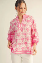 Load image into Gallery viewer, 3/4 puff sleeves boho print top with solid contrast detail.
