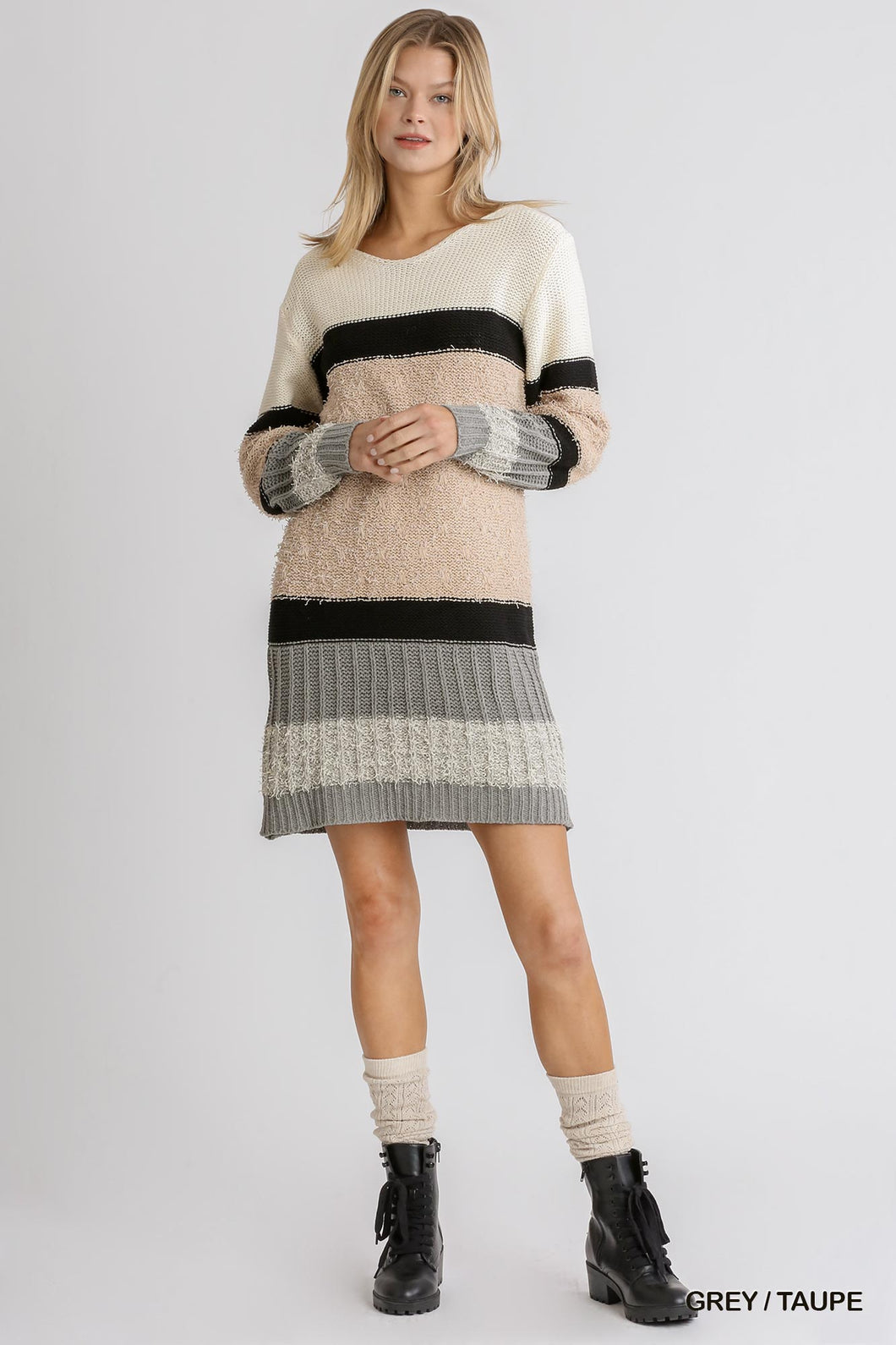 Multicolor Mixed Knit Round Neck and Long Sleeve Sweater Dress