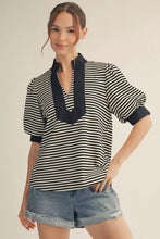 Load image into Gallery viewer, Short puff sleeves high neck stripe top with solid contrast accent, pleat back detail.
