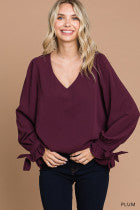 Soft Woven V-Neck Tie  Sleeve Top