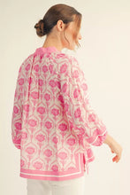 Load image into Gallery viewer, 3/4 puff sleeves boho print top with solid contrast detail.
