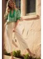 Load image into Gallery viewer, Short puff sleeves high neck stripe top with solid contrast accent, pleat back detail.
