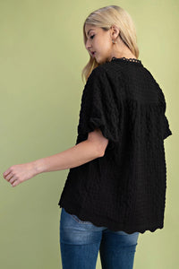 Textured Puff Sleeve Top w/Scalloped Hem