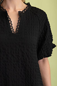 Textured Puff Sleeve Top w/Scalloped Hem