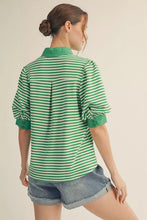 Load image into Gallery viewer, Short puff sleeves high neck stripe top with solid contrast accent, pleat back detail.
