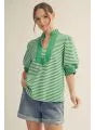 Load image into Gallery viewer, Short puff sleeves high neck stripe top with solid contrast accent, pleat back detail.
