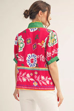 Load image into Gallery viewer, Short puff sleeves boho floral top with standing neckline.
