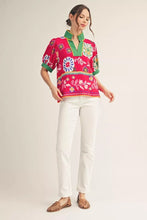 Load image into Gallery viewer, Short puff sleeves boho floral top with standing neckline.
