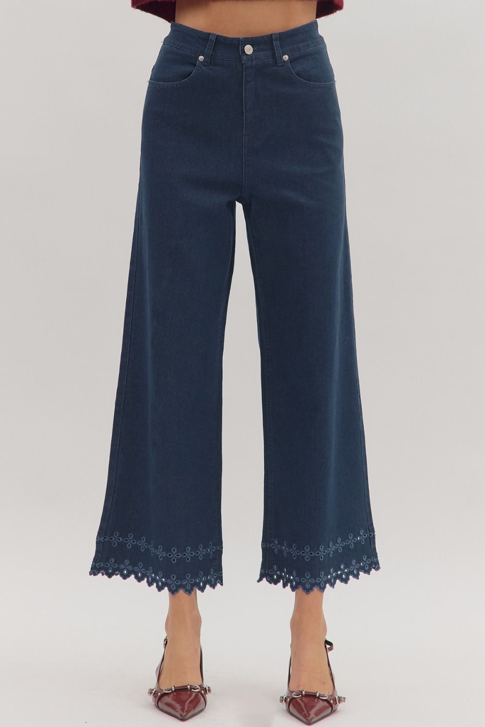 High Waist Ankle Pant with Embroidery Border Hem.