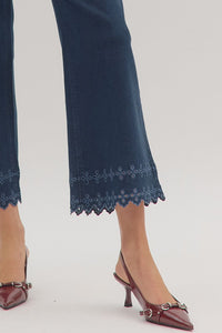 High Waist Ankle Pant with Embroidery Border Hem.