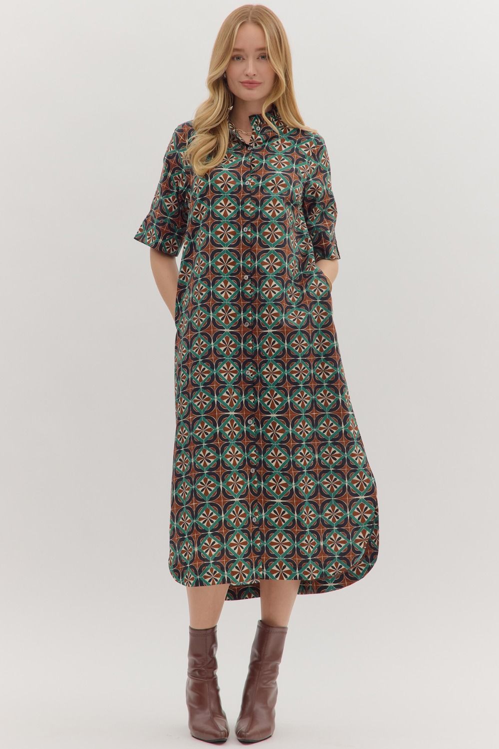 Geometric Print Short Sleeve Midi Dress