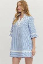 Load image into Gallery viewer, Striped Half Sleeve Mini Dress featuring contrast Trim and V-Neckline
