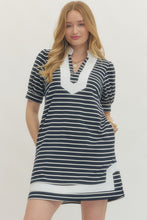 Load image into Gallery viewer, Puff Sleeve Striped Half Sleeve Mini Dress featuring contrast Trim and V-Neckline
