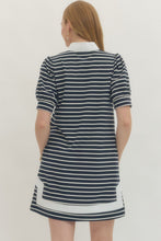 Load image into Gallery viewer, Puff Sleeve Striped Half Sleeve Mini Dress featuring contrast Trim and V-Neckline
