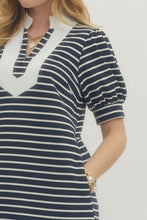 Load image into Gallery viewer, Puff Sleeve Striped Half Sleeve Mini Dress featuring contrast Trim and V-Neckline
