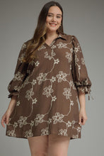 Load image into Gallery viewer, Floral ¾ balloon sleeve mini dress featuring a split neckline and adjustable tie cuffs.
