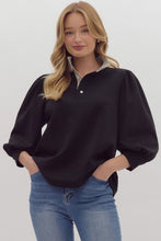 Load image into Gallery viewer, Ballooon Sleeve Top w/Striped Ruffle Neckline.
