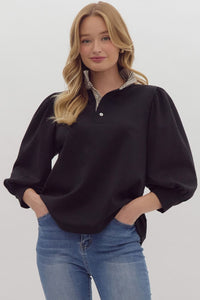 Ballooon Sleeve Top w/Striped Ruffle Neckline.