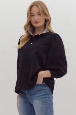 Ballooon Sleeve Top w/Striped Ruffle Neckline.