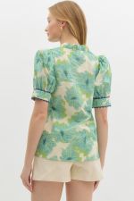 Floral Print Puff Sleeve w/ Ric Rac Trim