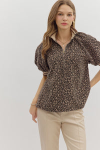 Leopard Pattern Puff Sleeve w/Half Zip Neckline