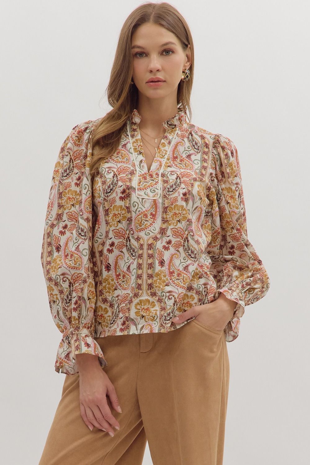 Long Sleeve Paisley Print Top