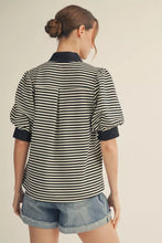 Load image into Gallery viewer, Short puff sleeves high neck stripe top with solid contrast accent, pleat back detail.
