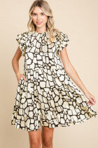 Satin print dress with frilled neck