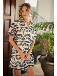 Navy blue and white print dress