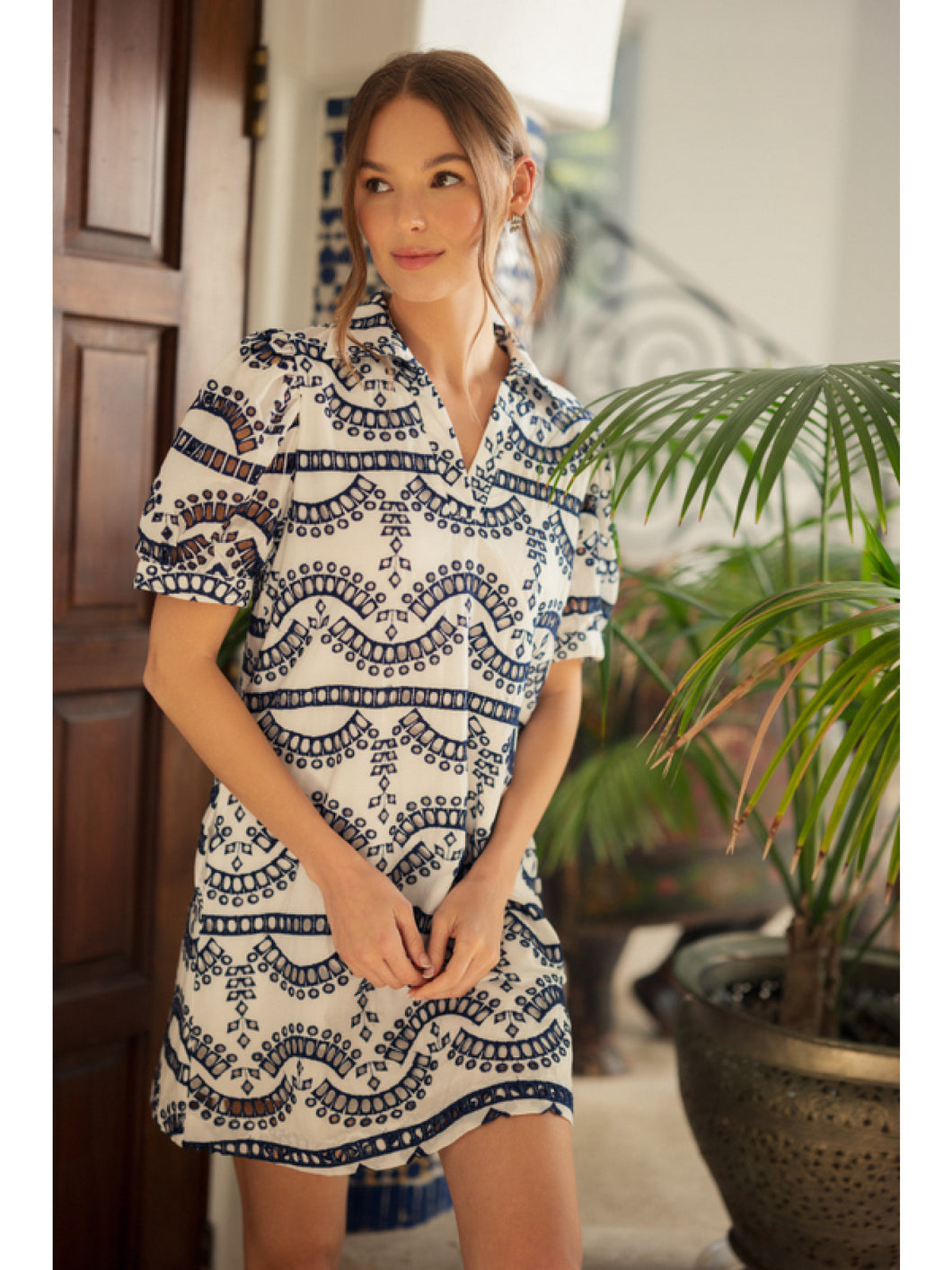 Navy blue and white print dress