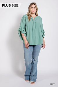 Curvy Girl Ruffled Bell Sleeve and Front Pleated Detail Top