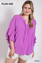 Load image into Gallery viewer, Curvy Girl Ruffled Bell Sleeve and Front Pleated Detail Top
