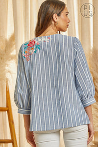 Curvy Girl Embroidery and Denim Striped Blouse