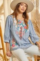 Load image into Gallery viewer, Curvy Girl Embroidery and Denim Striped Blouse
